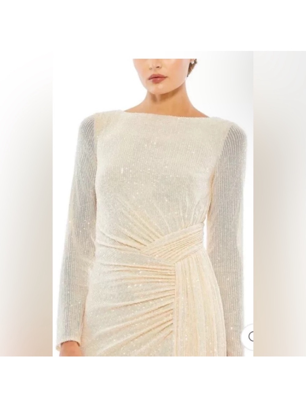 Mac Duggal Cream Long Sleeve Sequin Evening Gown with Side Slit - Picture 4 of 5